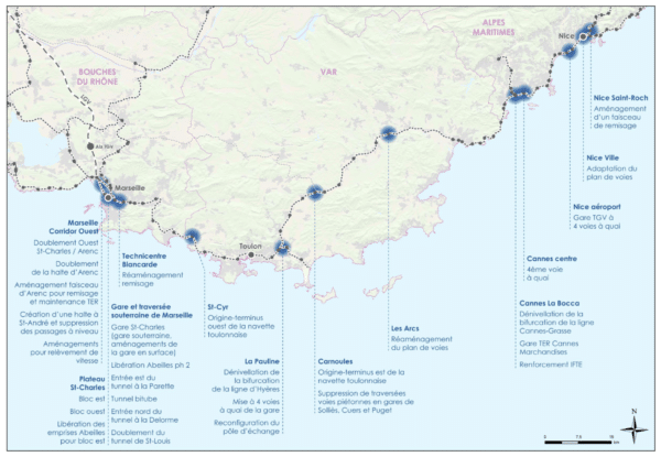 Carte des opérations du projet des phases 1 et 2 de la ligne nouvelle Provence-Côte d&rsquo;Azur